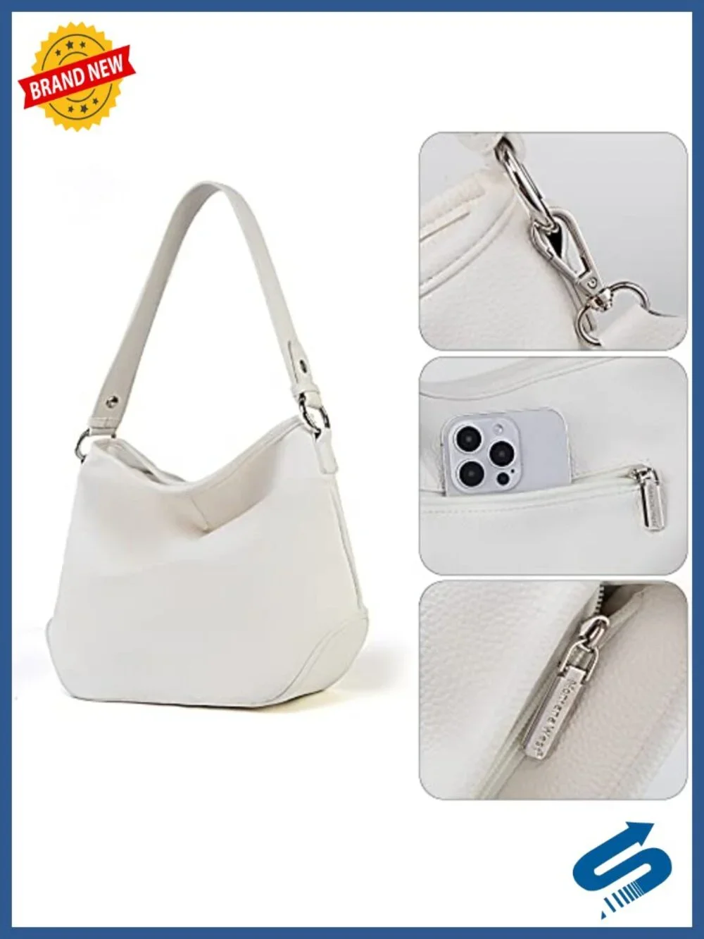 Medium Hobo Shoulder Bag with Detachable Strap, Vegan Leather